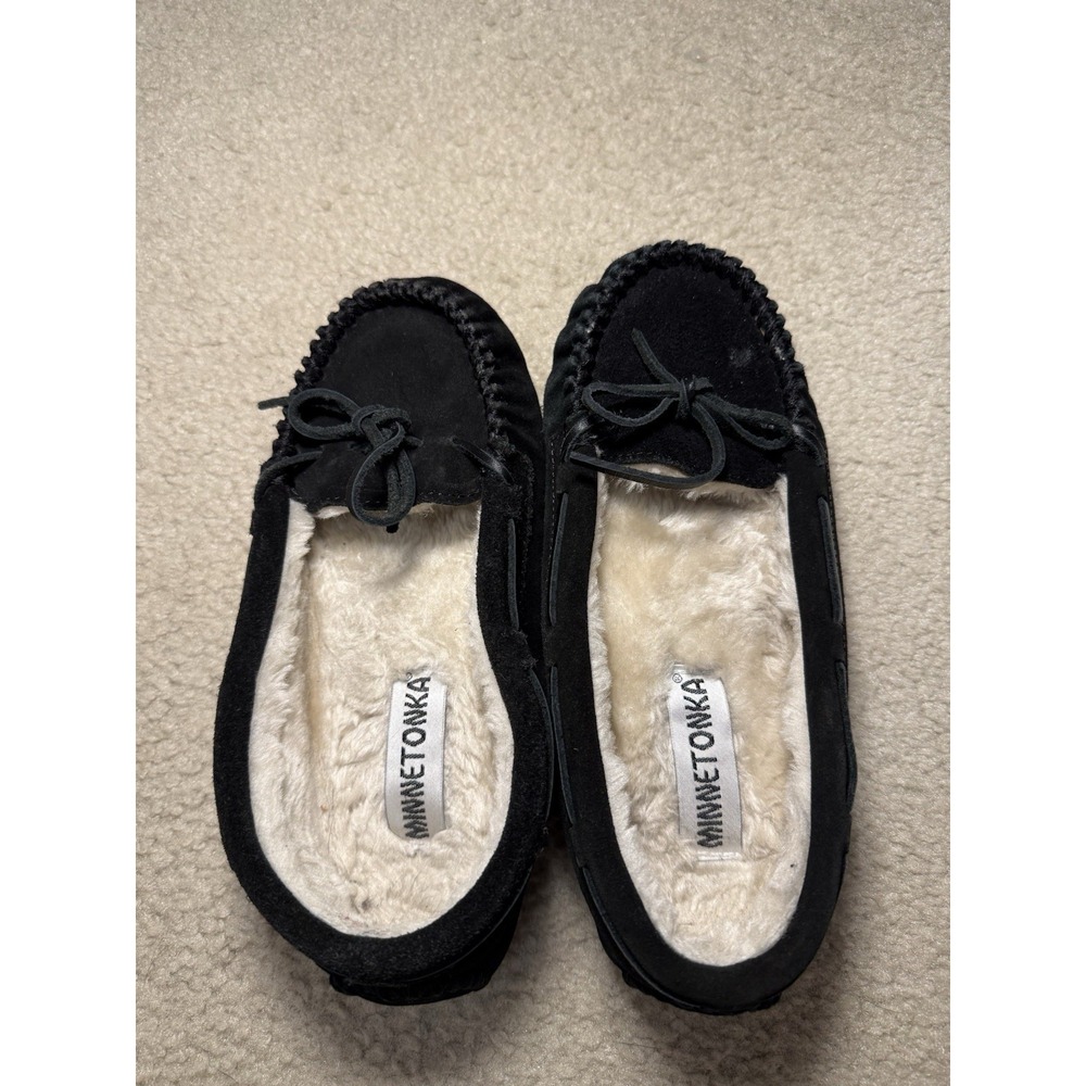 Minnetonka Womens 7.5 Black Suede Moccasin Faux Fur Lined Loafers 4010H